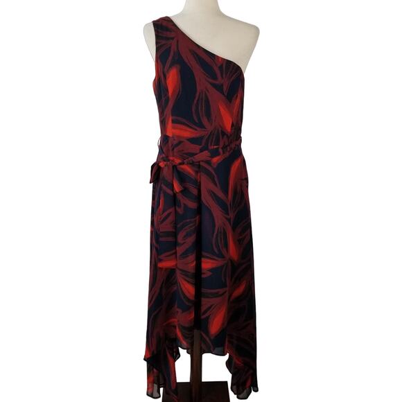 Vince Camuto Red Blue Sheer Overlay 1 Shoulder Sleeveless Tie Waist Dress 10 - Picture 1 of 7